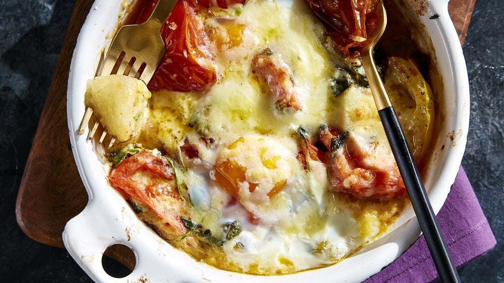 Baked Eggs with Heritage Tomatoes and Lincolnshire Poacher Cheese - IMP & MAKER