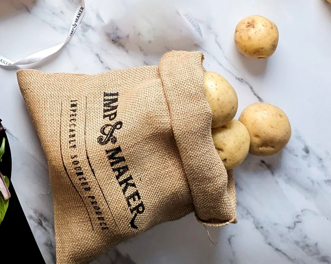 Potatoes in a cotton bag.