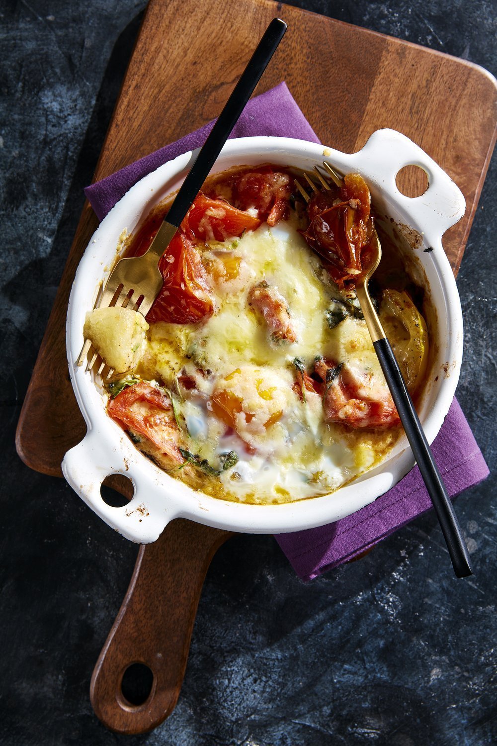 Baked Eggs with Heritage Tomatoes and Lincolnshire Poacher Cheese - IMP & MAKER