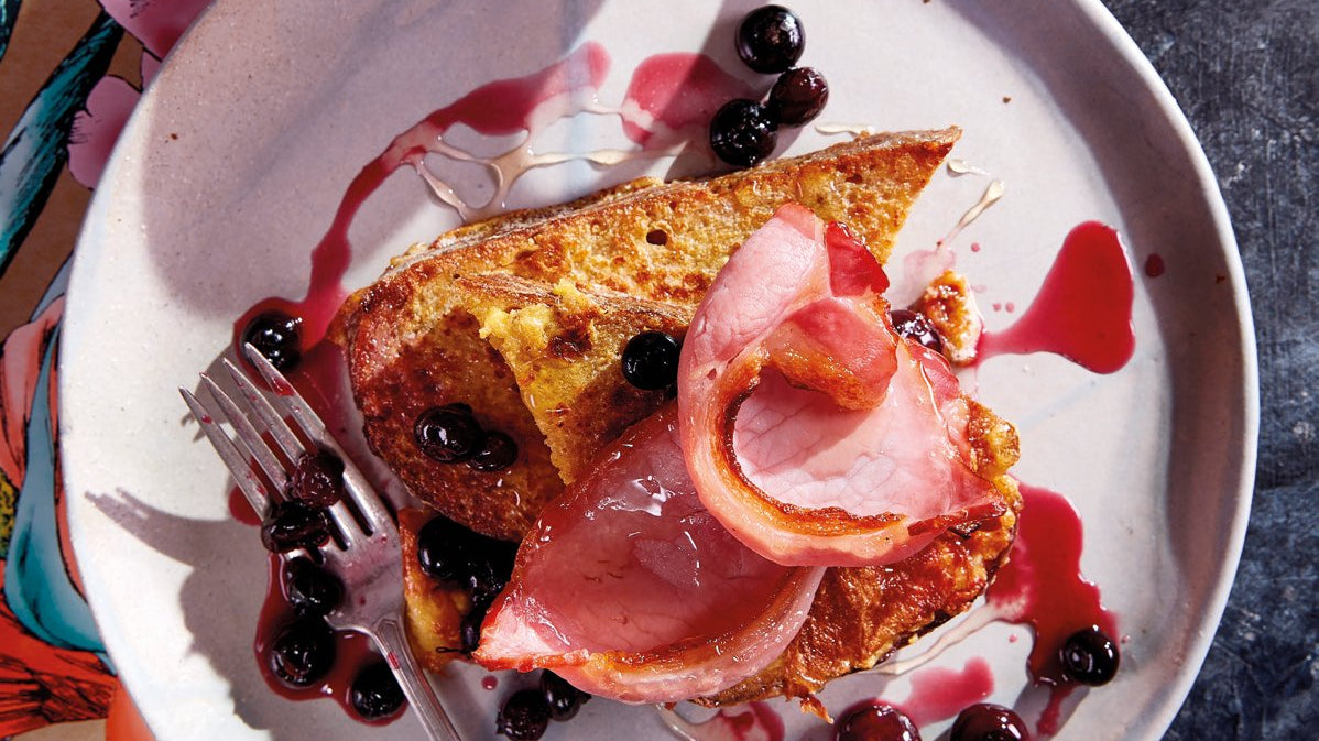 Sweet French Toast with Crispy Bacon, Blueberries & Honey - IMP & MAKER