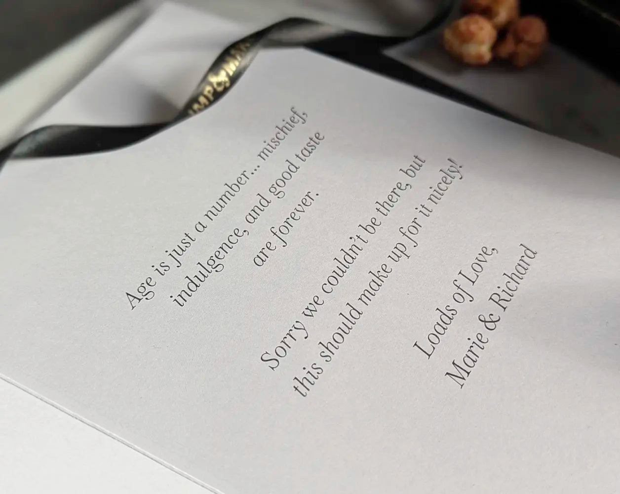 Greeting card with printed message on a white background