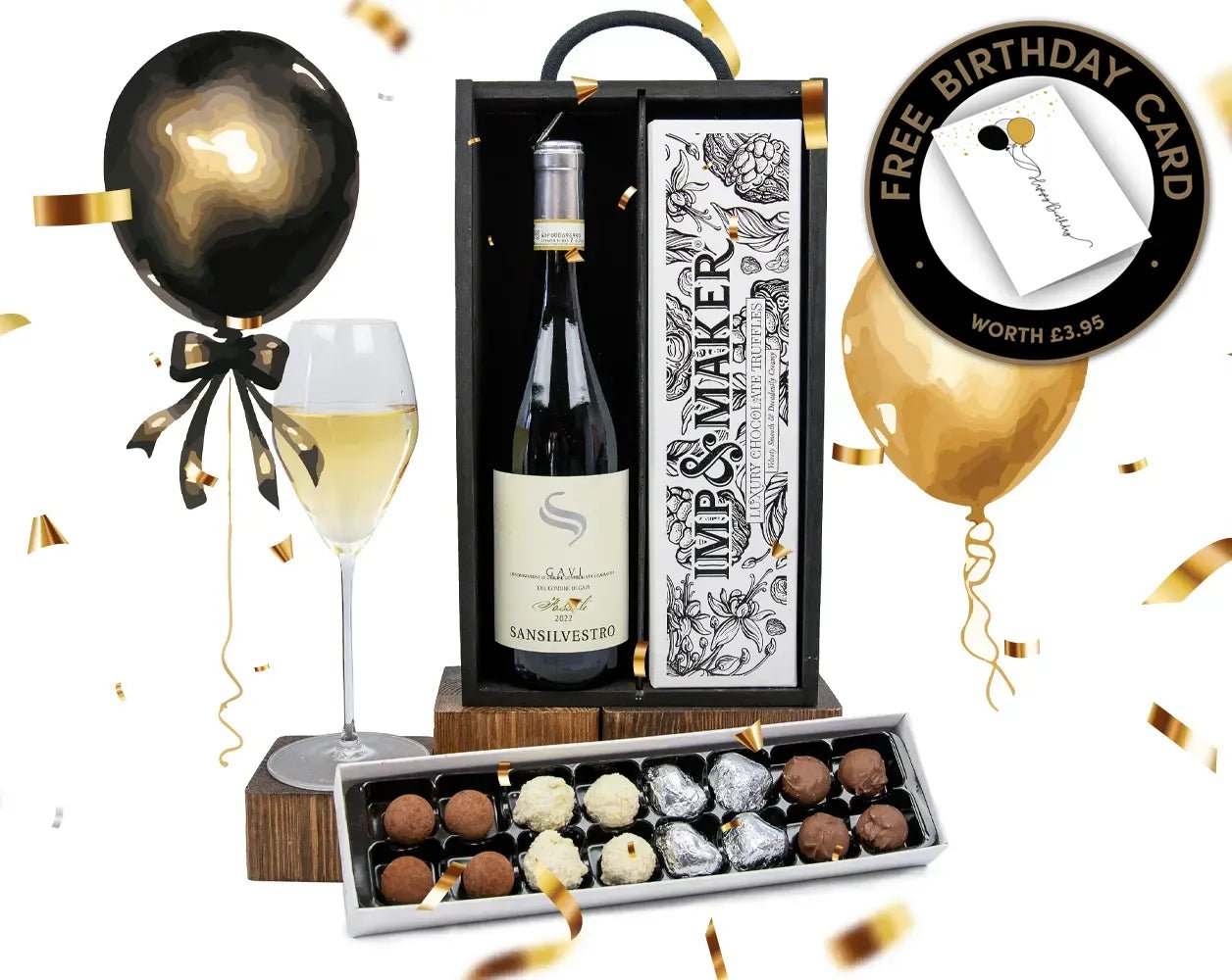 Birthday White Wine & Chocs in Wooden Gift Box - IMP & MAKER