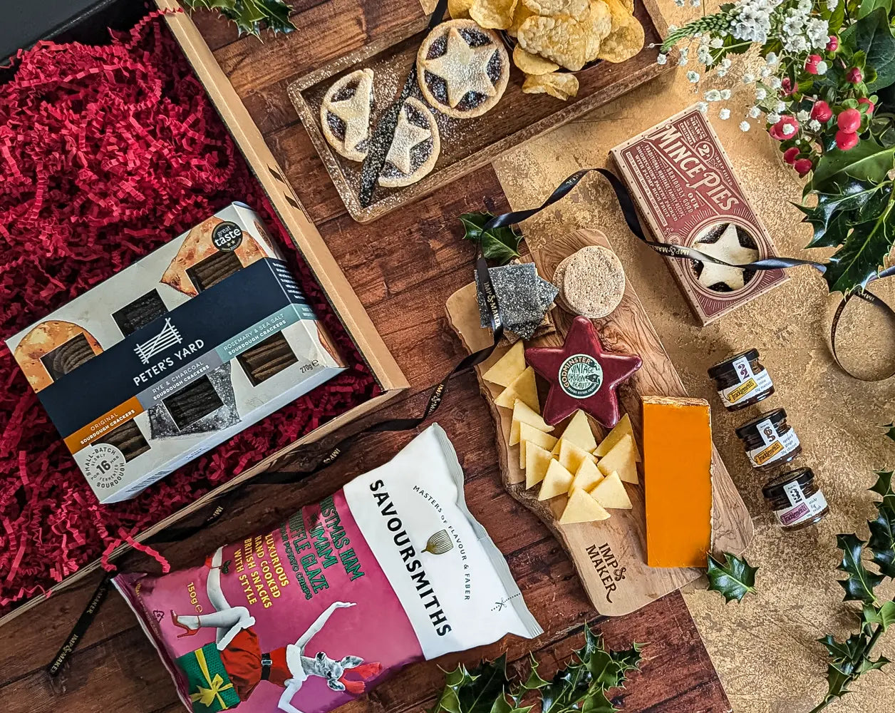 christmas festive cheese and nibbles hamper star cheese christmas crisps chutney mince pies