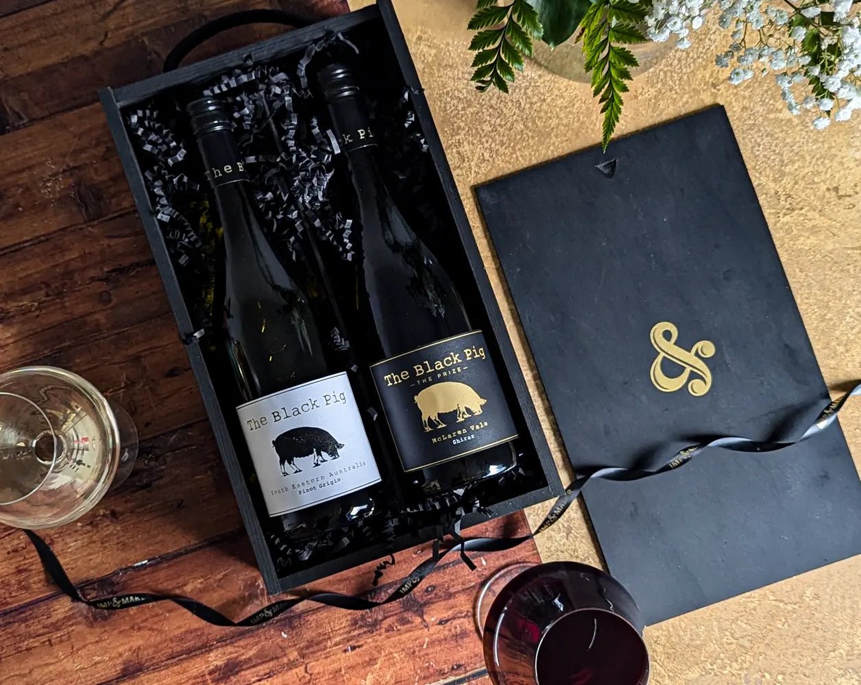 Wine Duo in Wooden Gift Box - Black Pig Shiraz & Pinot Grigio - IMP & MAKERIMP & MAKERIMP904